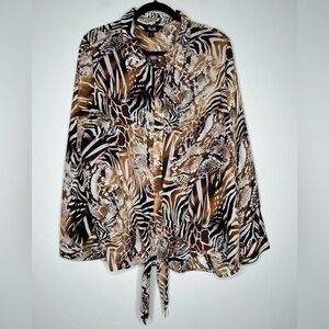 NWT Investments Slim Factor Animal Print Button Front Top Size XL Safari Blouse